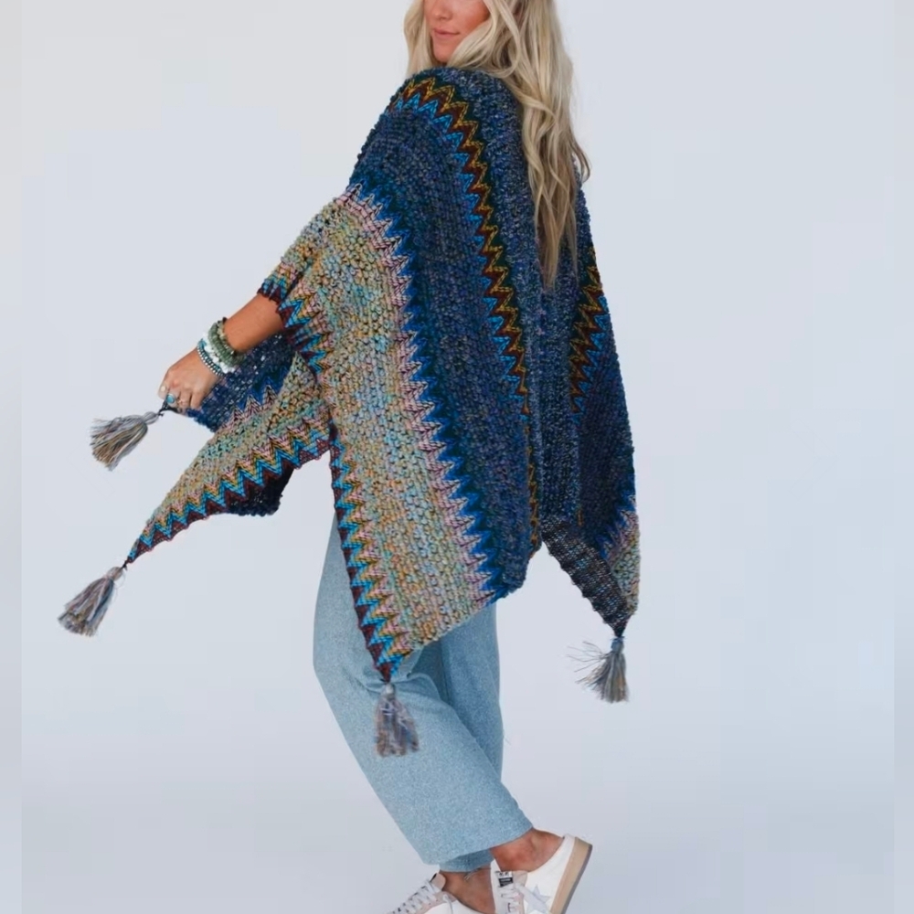 Three Bird Nest Multicolor Zigzag Knit Cardigan - Blue, Teal, Pink, Yellow - Picture 6 of 12